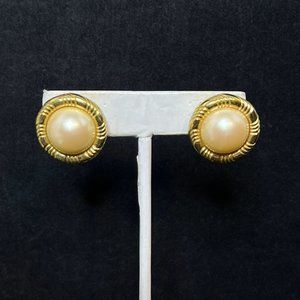 Heavy Gold Tone Faux Pearl Pierced Earrings (3916)